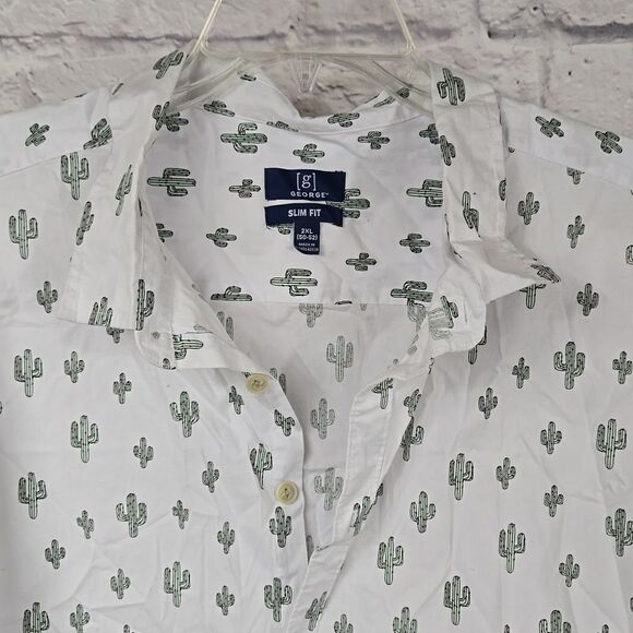 Big Men's 2XL Slim Fit White Short Sleeve Top Cactus Printed Button Down Shirt - Picture 6 of 12